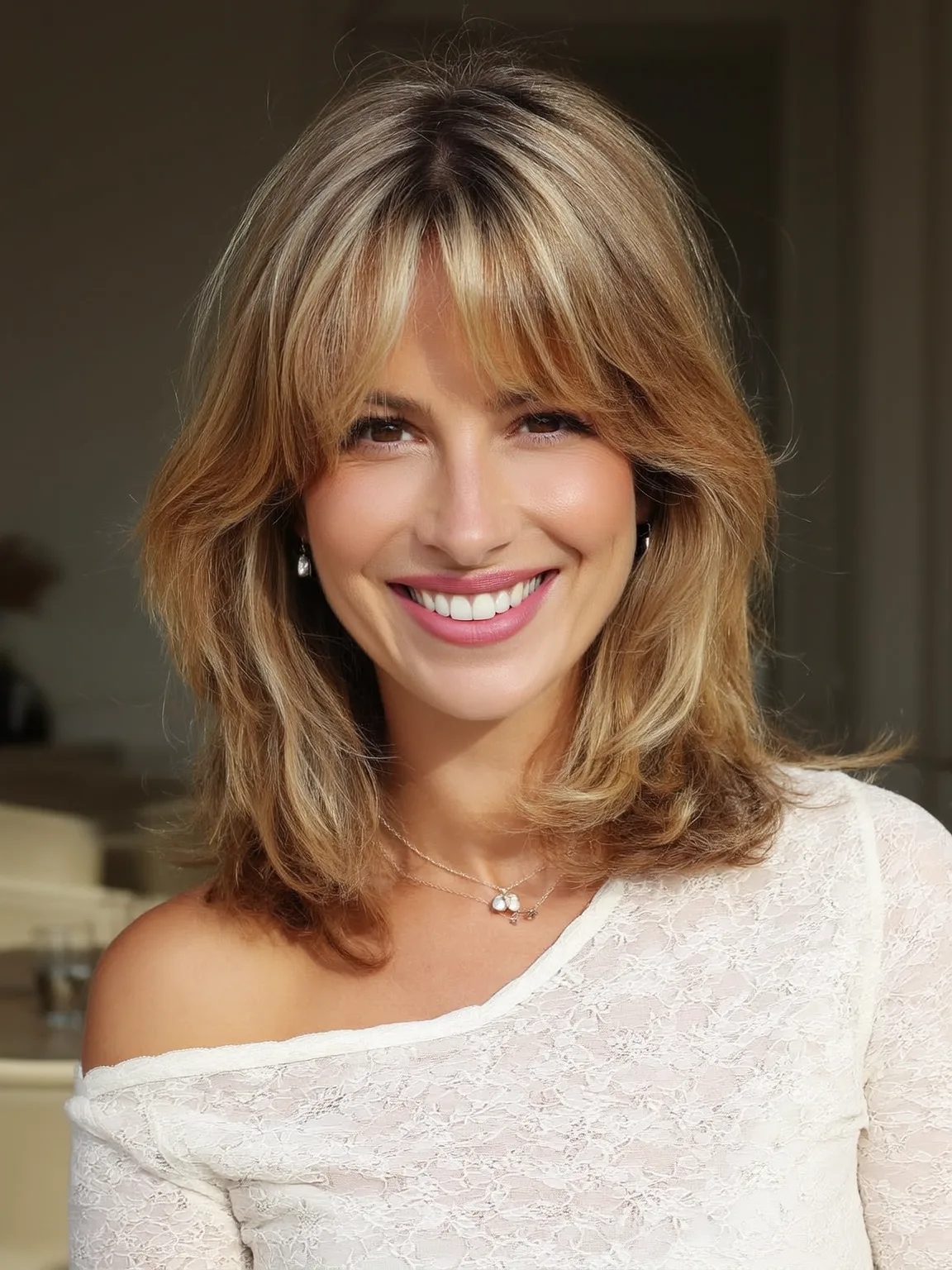 Honey Blonde Balayage Soft Layers with Curtain Bangs